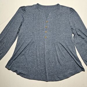 XXL Heather Blue Long Sleeve Henley Top | Soft Stretch Pintuck Button Blouse